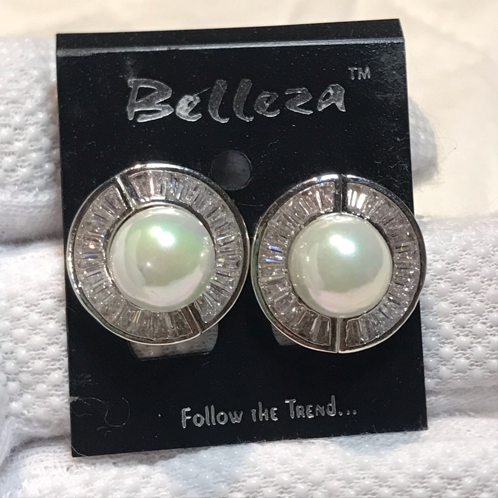 Belleza Silvertone Pearl & Baguette Cut CZ Earrings NWT